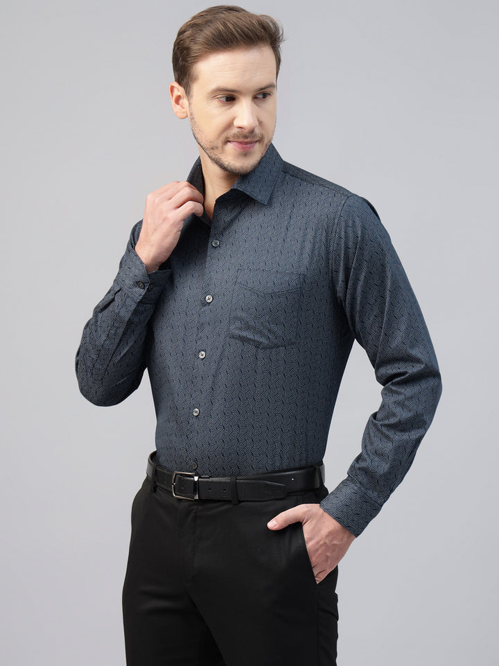 Men Navy Blue Printed Pure Cotton Slim Fit Party Shirt