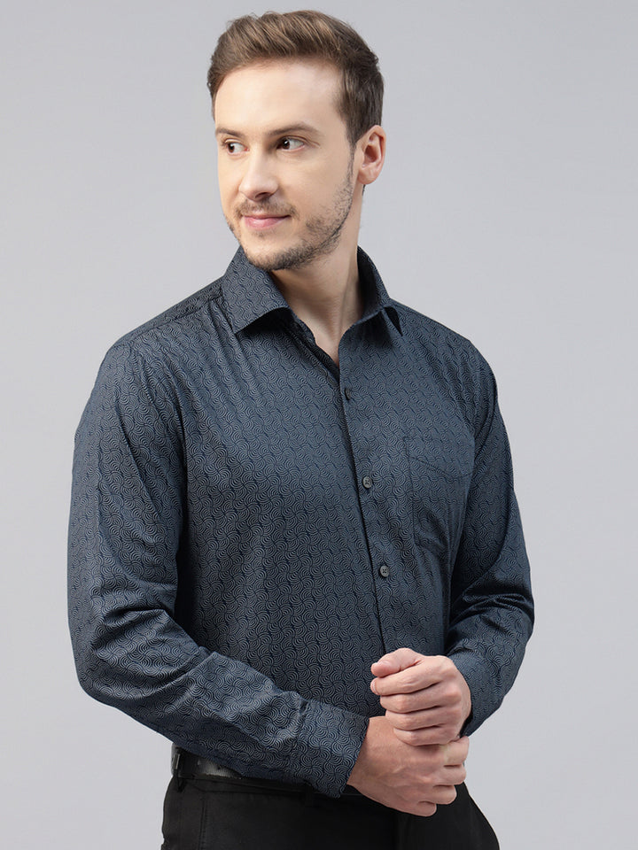 Men Navy Blue Printed Pure Cotton Slim Fit Party Shirt