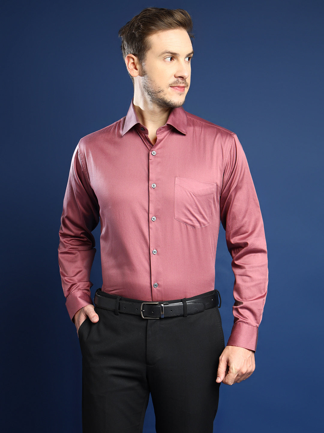 Men Taupe Mauve Solid Pure Cotton Satin Slim Fit Formal Shirt