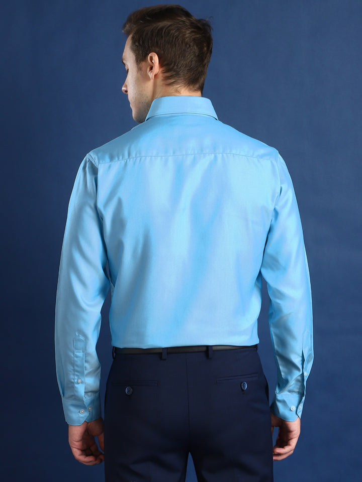 Men Blue Self Design Cotton Slim Fit Formal Shirt