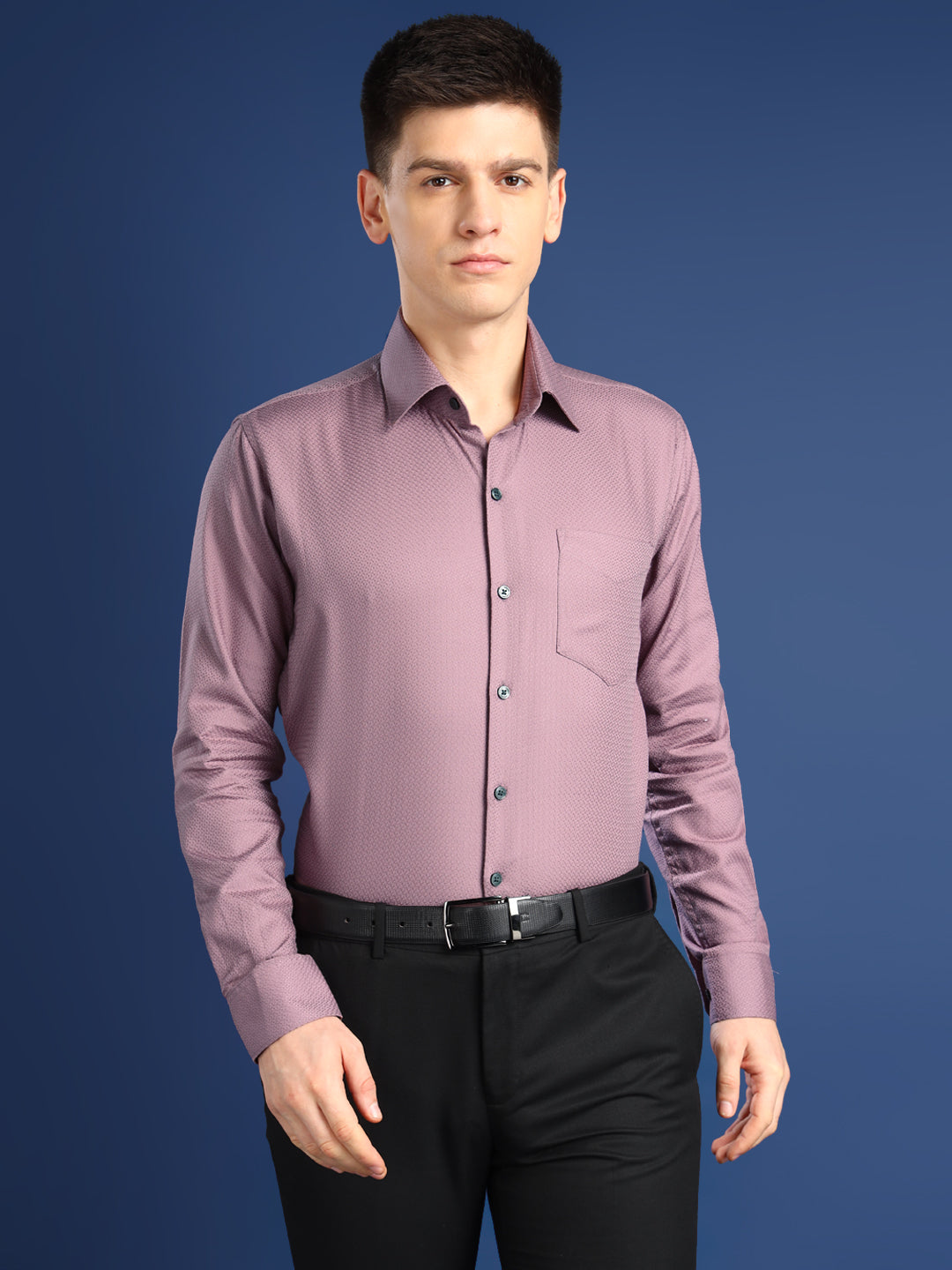 Men Mauve Solid Giza Cotton Dobby Slim Fit Formal Shirt