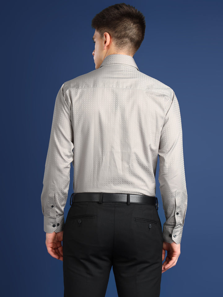 Men Light Grey Textured Giza Cotton Slim Fit Formal Shirt