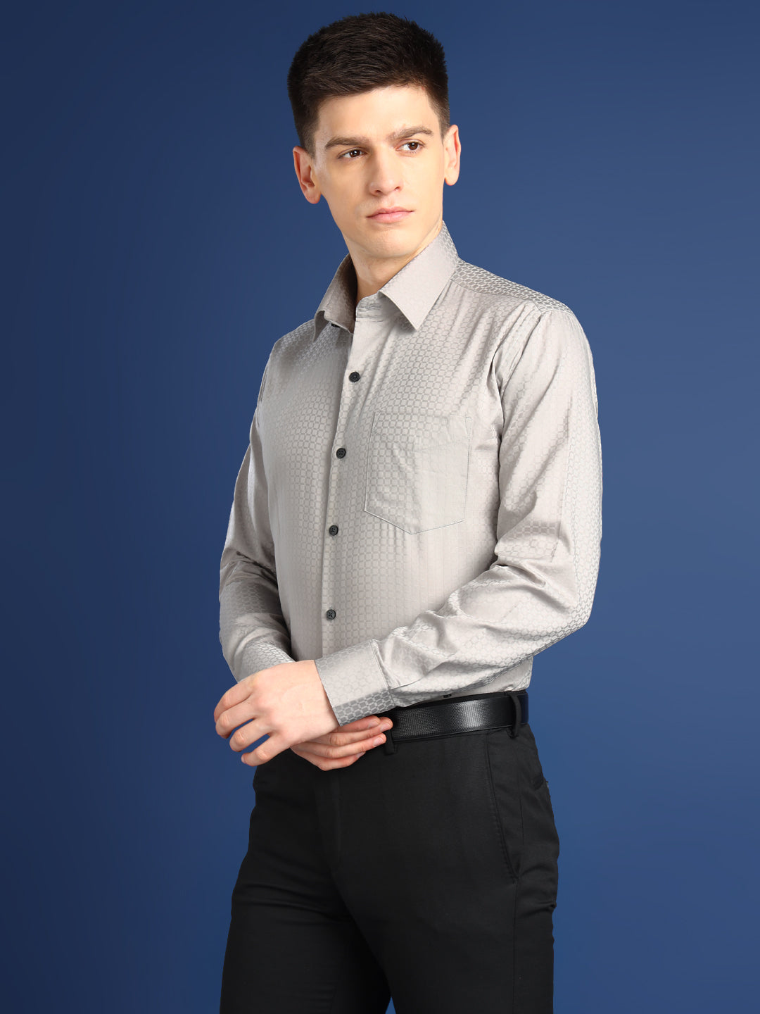 Men Light Grey Textured Giza Cotton Slim Fit Formal Shirt