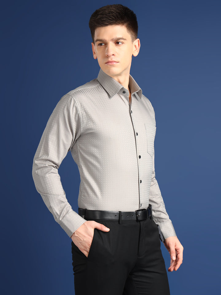 Men Light Grey Textured Giza Cotton Slim Fit Formal Shirt