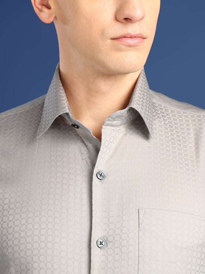 Men Light Grey Textured Giza Cotton Slim Fit Formal Shirt