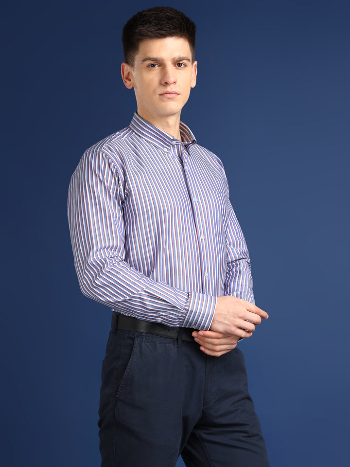 Men White & Blue Striped Cotton Slim Fit Formal Shirt