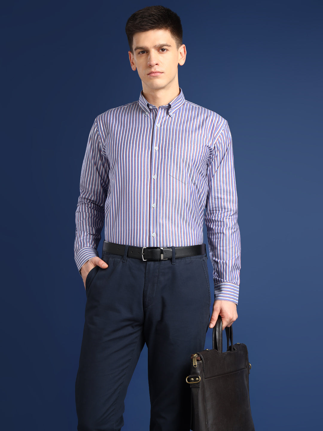 Men White & Blue Striped Cotton Slim Fit Formal Shirt