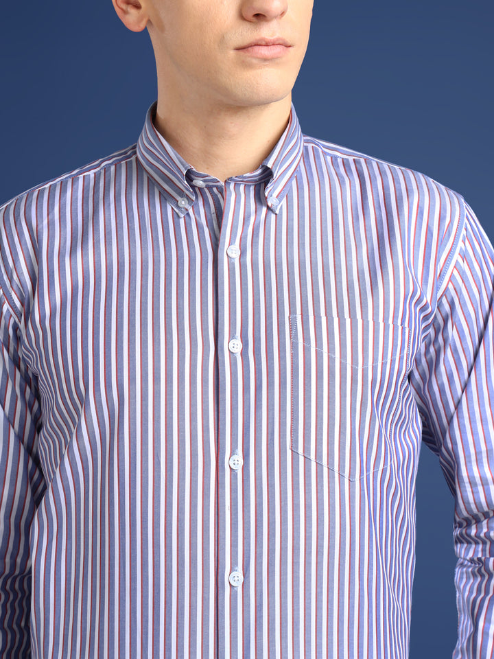 Men White & Blue Striped Cotton Slim Fit Formal Shirt