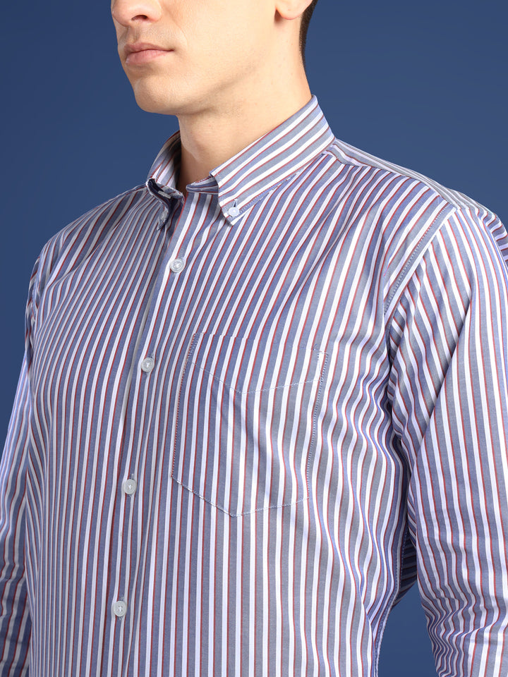 Men White & Blue Striped Cotton Slim Fit Formal Shirt