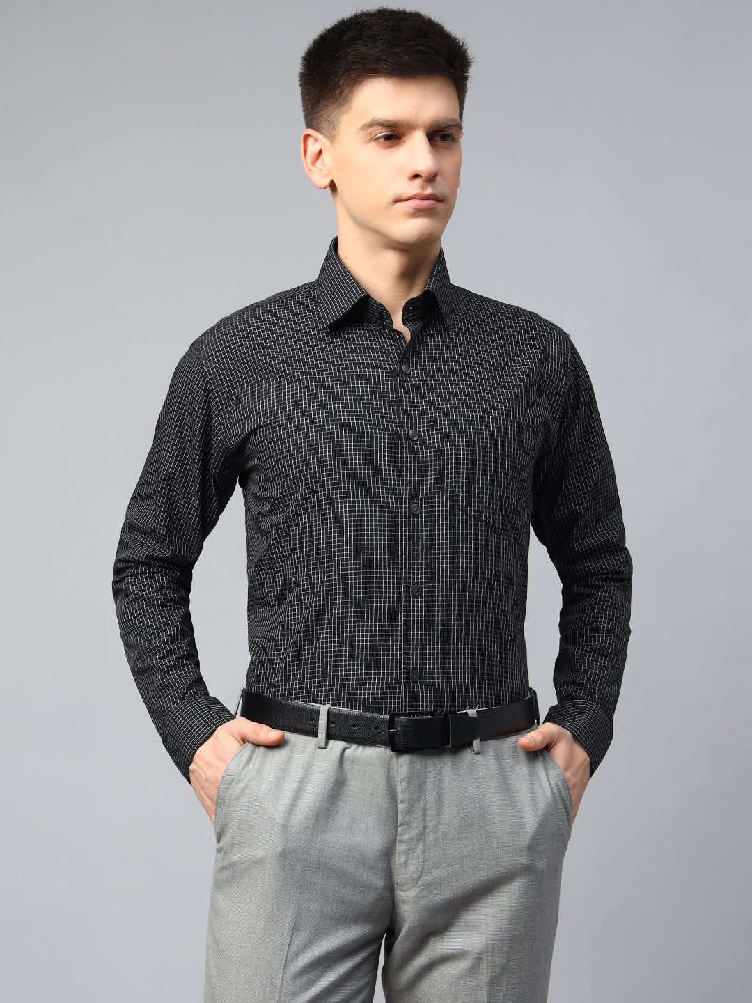 Men Black Micro Checks Cotton Slim Fit Formal Shirt