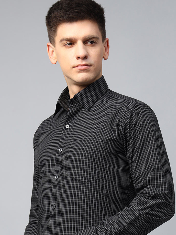 Men Black Micro Checks Cotton Slim Fit Formal Shirt