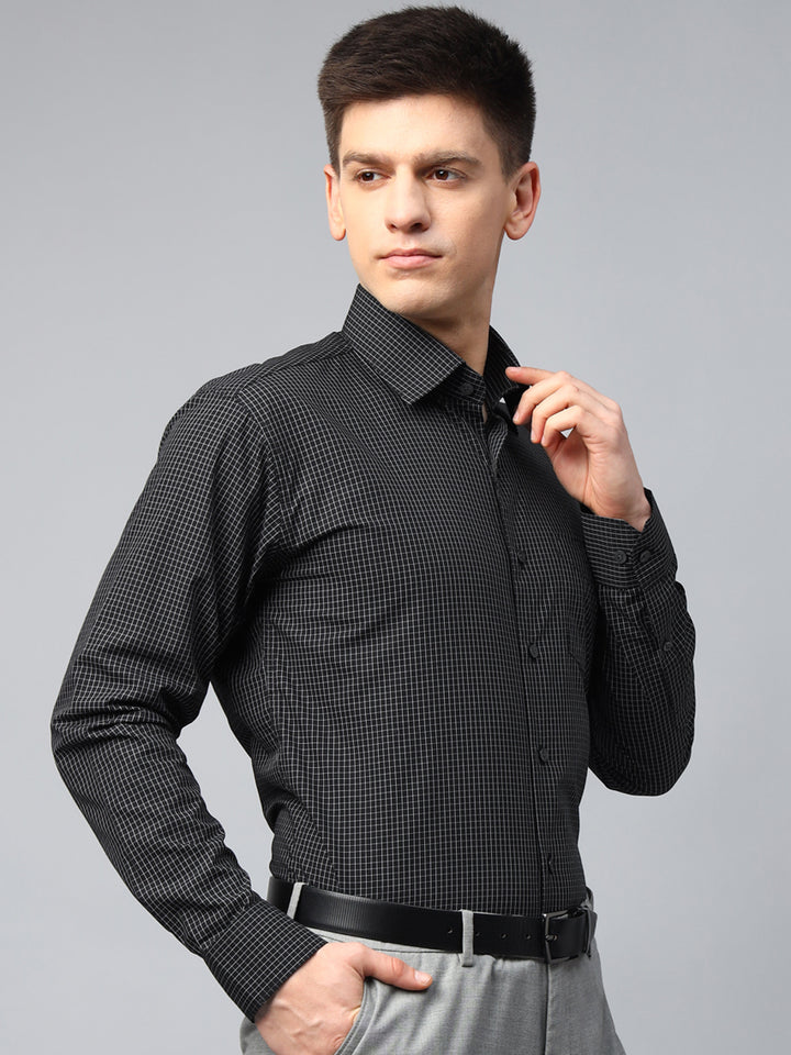 Men Black Micro Checks Cotton Slim Fit Formal Shirt