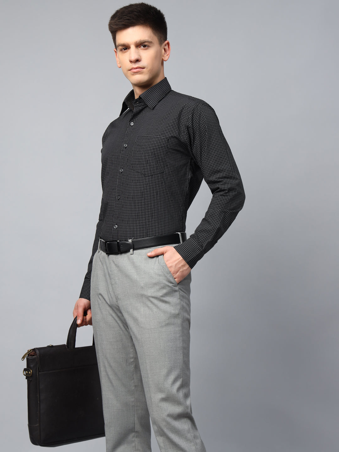 Men Black Micro Checks Cotton Slim Fit Formal Shirt