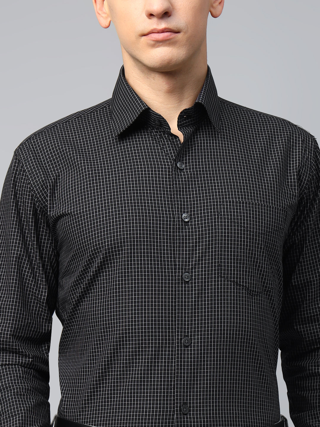 Men Black Micro Checks Cotton Slim Fit Formal Shirt