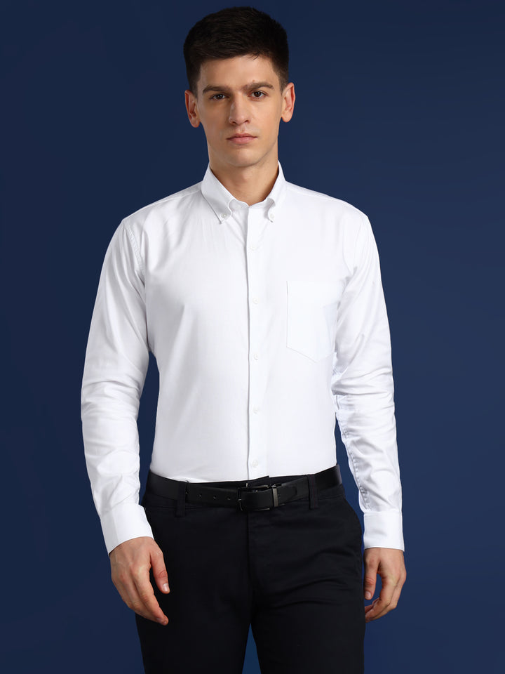 Men White Solid Oxford Pure Cotton Button Down Collar Slim Fit Formal Shirt