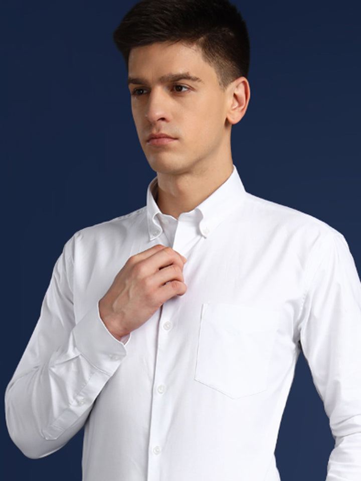 Men White Solid Oxford Pure Cotton Button Down Collar Slim Fit Formal Shirt