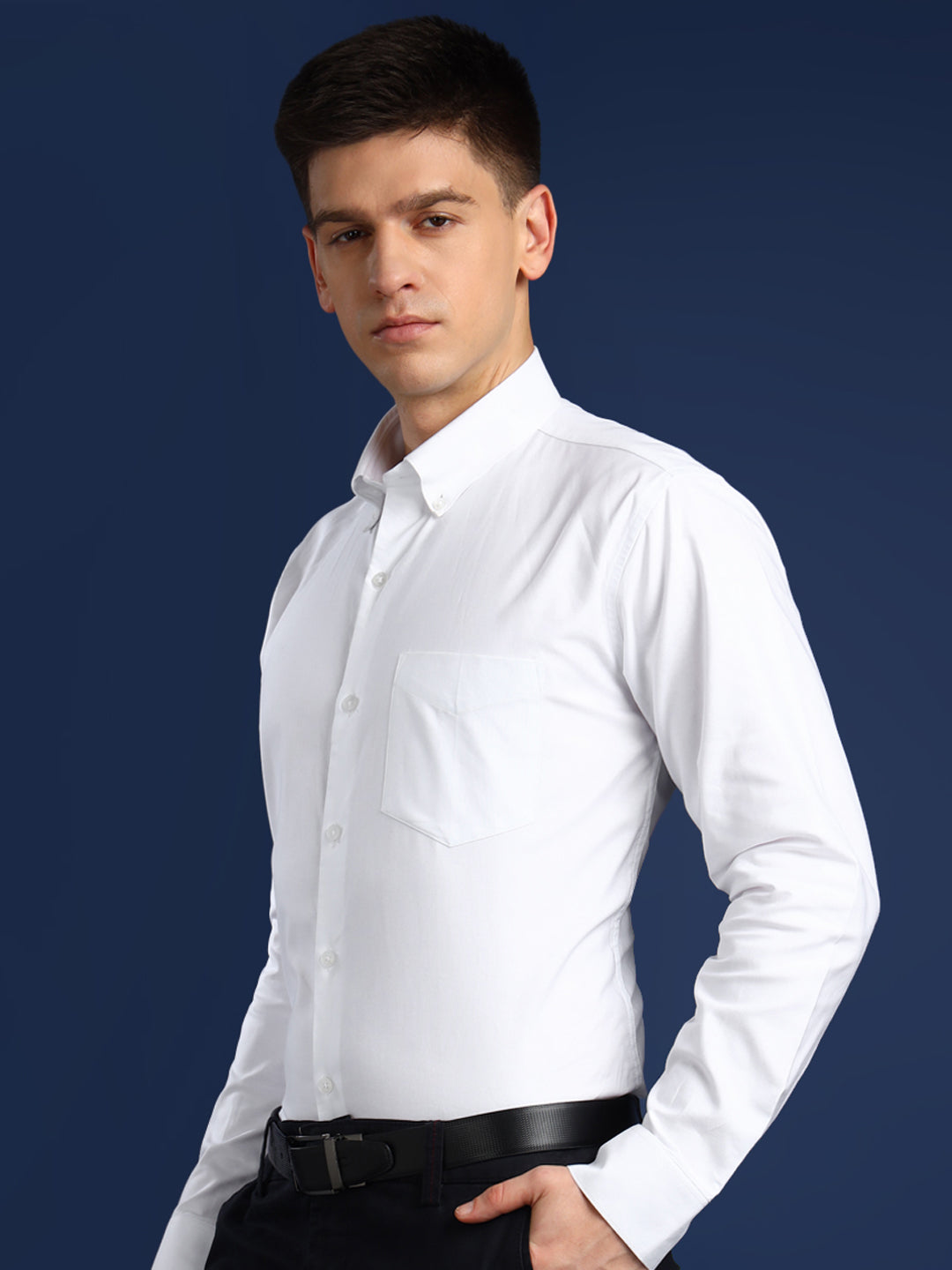 Men White Solid Oxford Pure Cotton Button Down Collar Slim Fit Formal Shirt