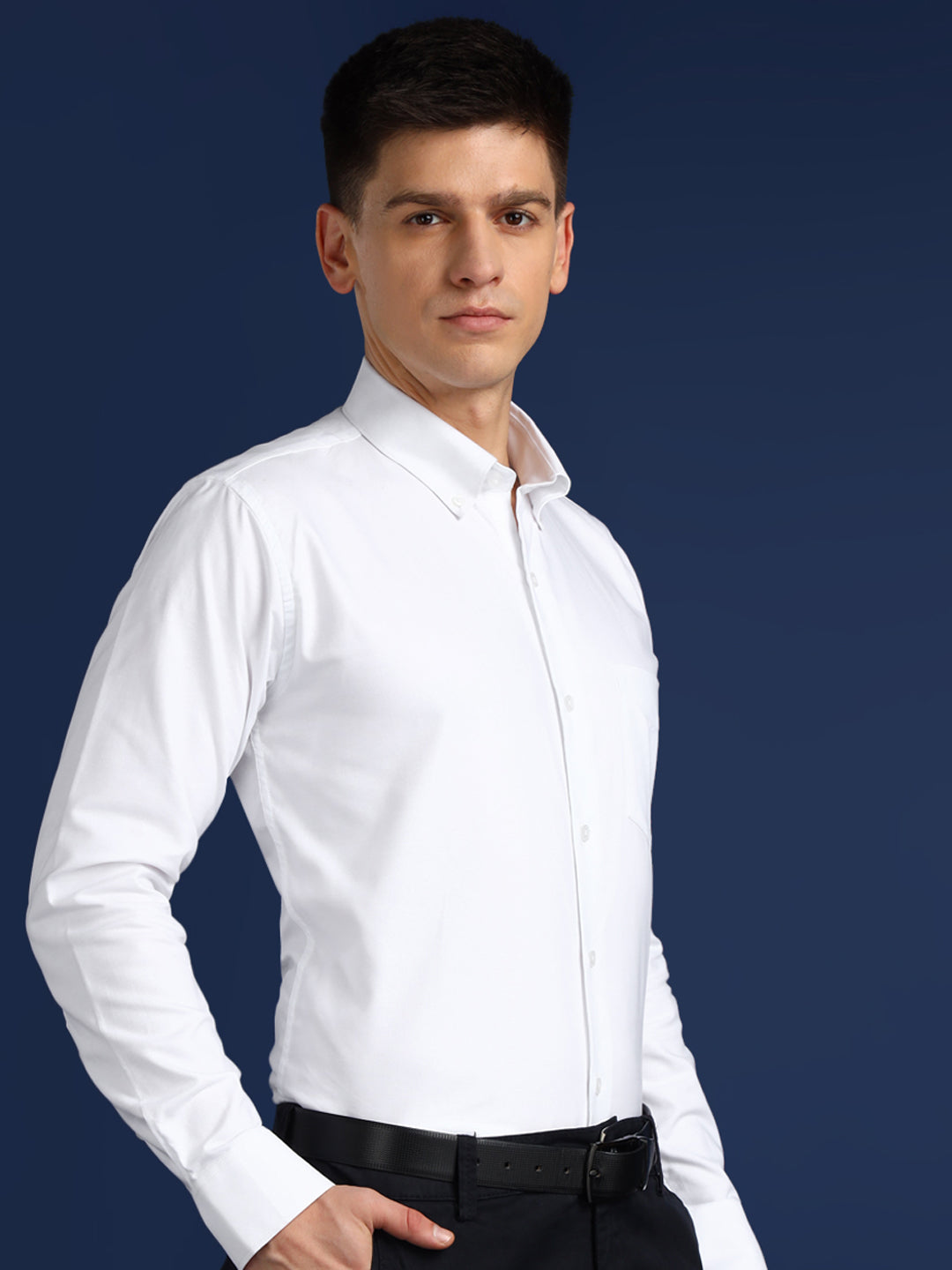 Men White Solid Oxford Pure Cotton Button Down Collar Slim Fit Formal Shirt