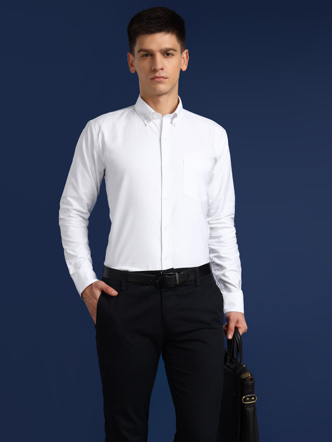 Men White Solid Oxford Pure Cotton Button Down Collar Slim Fit Formal Shirt