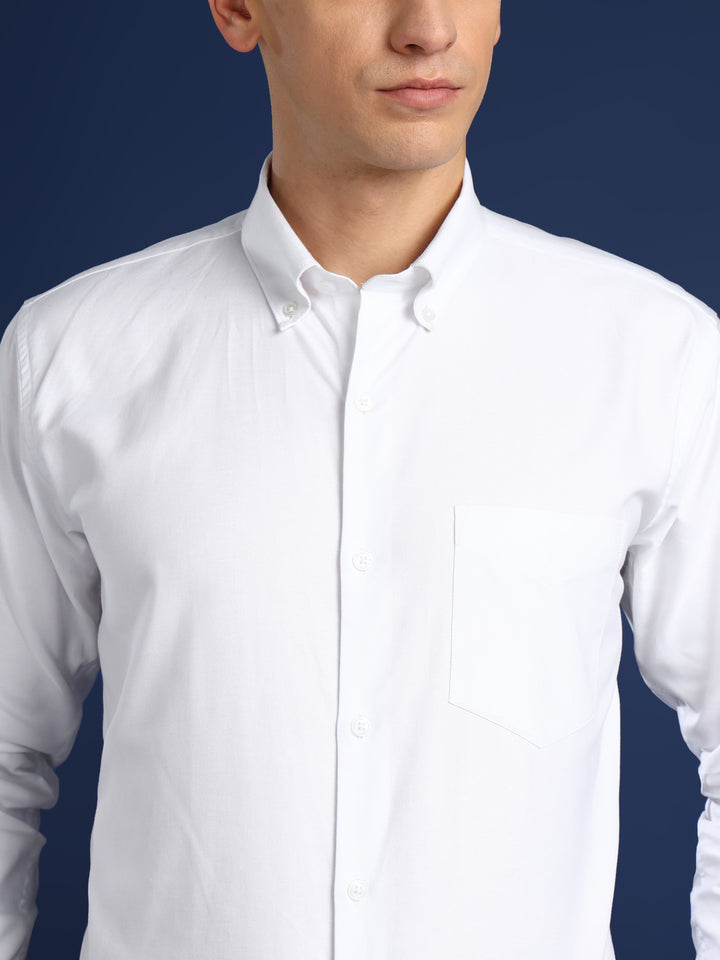 Men White Solid Oxford Pure Cotton Button Down Collar Slim Fit Formal Shirt