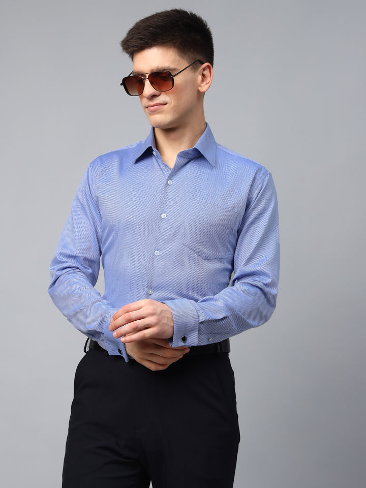 Men Blue Textured Cotton Slim Fit French Cuff Formal Shirt