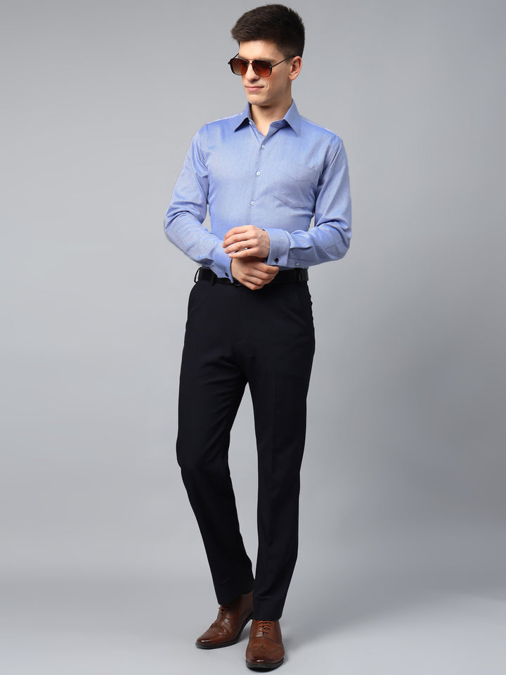 Men Blue Textured Cotton Slim Fit French Cuff Formal Shirt