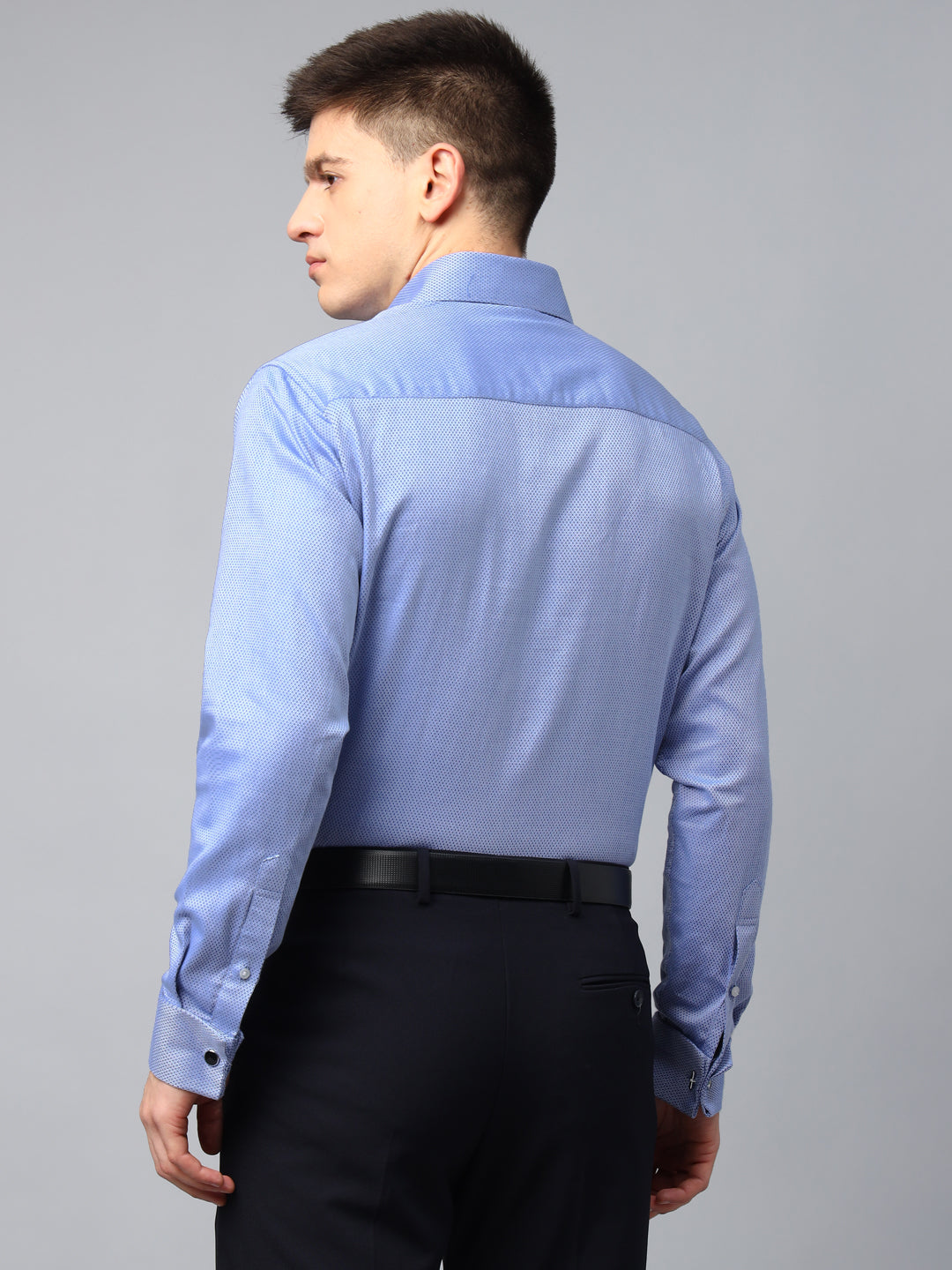 Men Blue Textured Cotton Slim Fit French Cuff Formal Shirt