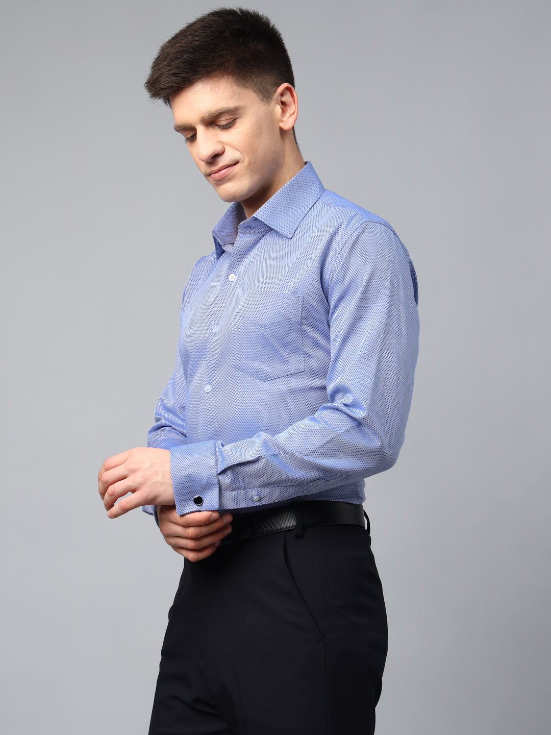 Men Blue Textured Cotton Slim Fit French Cuff Formal Shirt