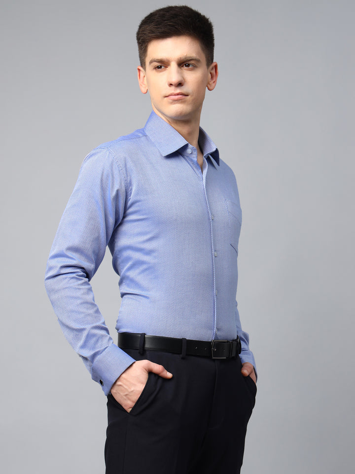 Men Blue Textured Cotton Slim Fit French Cuff Formal Shirt