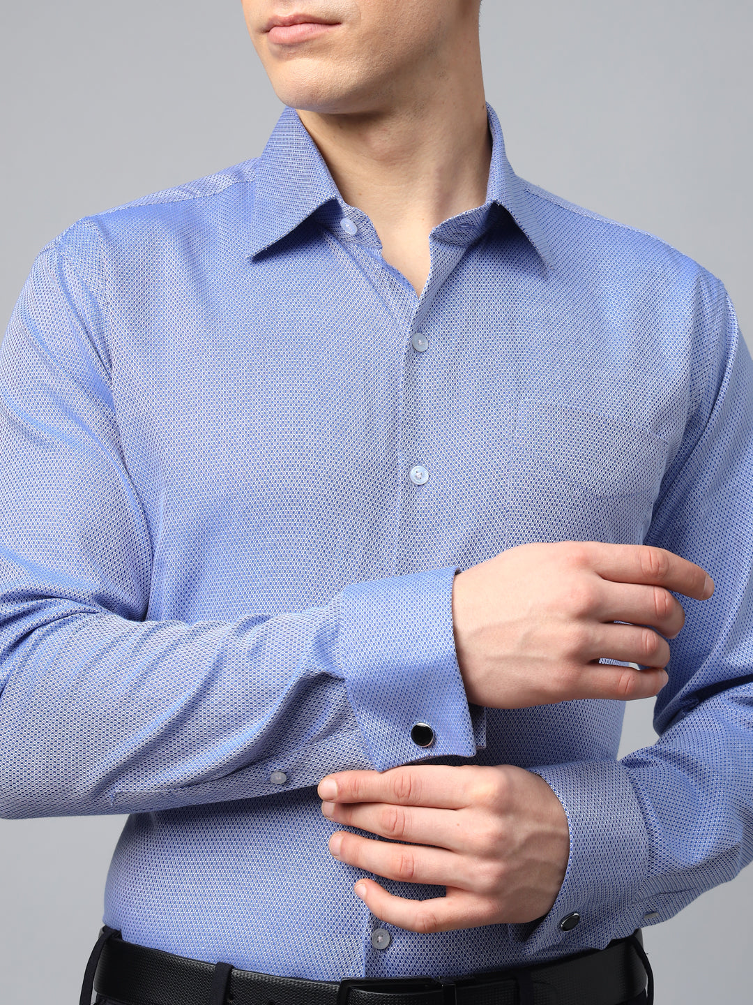 Men Blue Textured Cotton Slim Fit French Cuff Formal Shirt