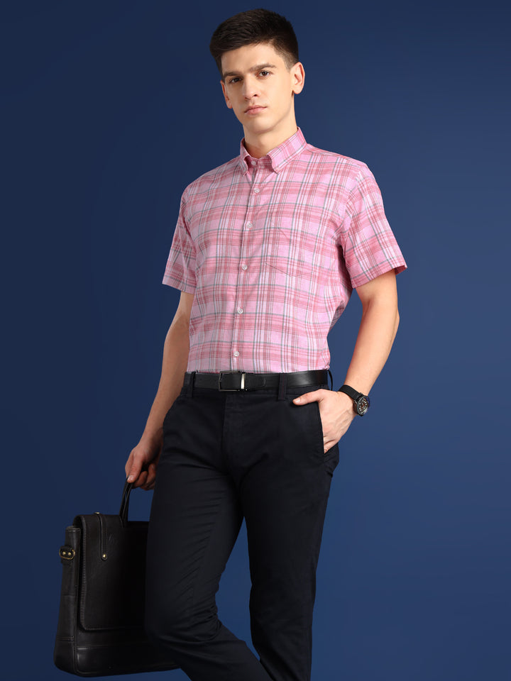 Men Pink Windowpane Checks Cotton Slim Fit Formal Shirt