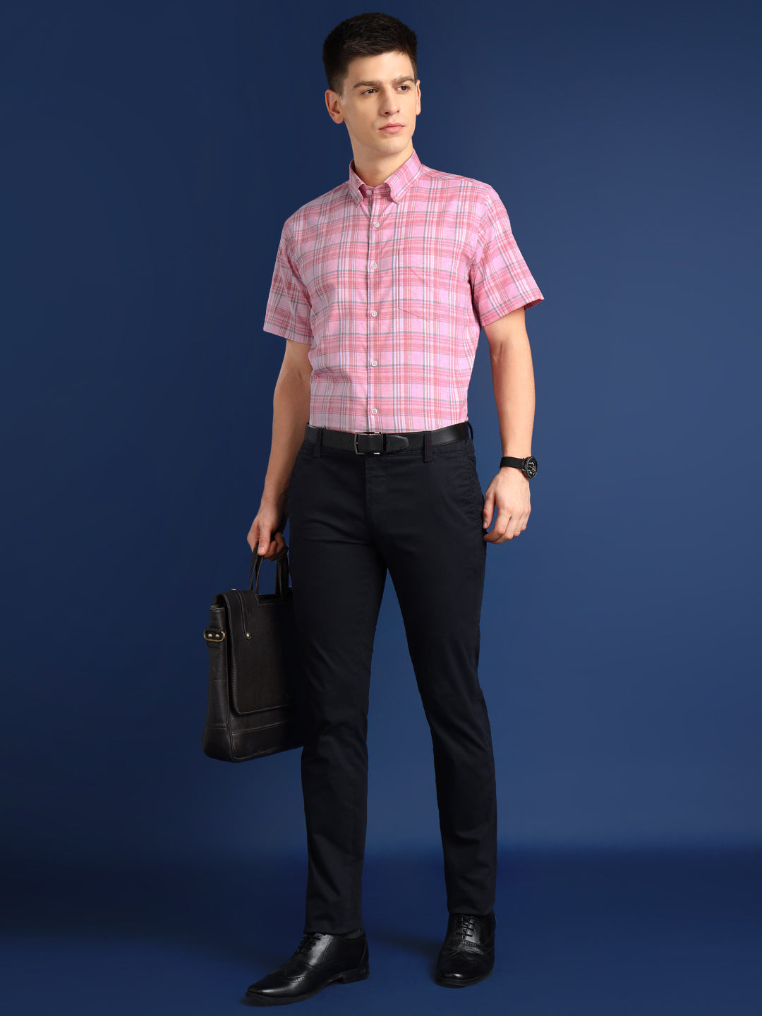 Men Pink Windowpane Checks Cotton Slim Fit Formal Shirt