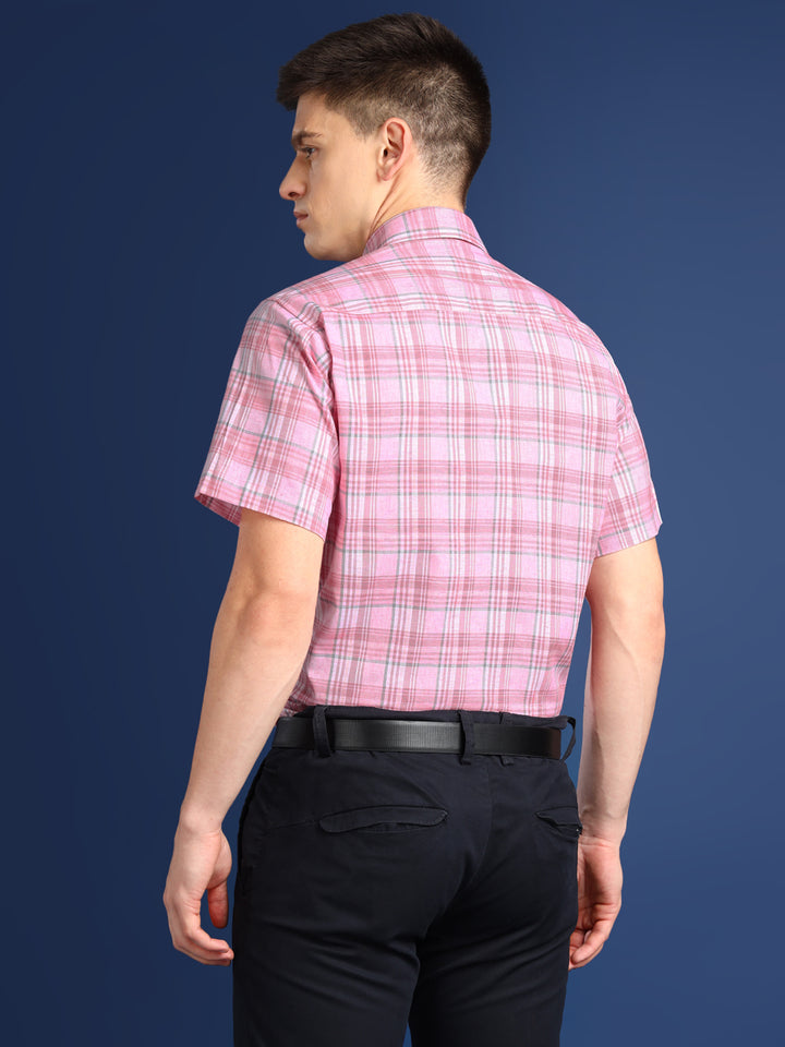 Men Pink Windowpane Checks Cotton Slim Fit Formal Shirt