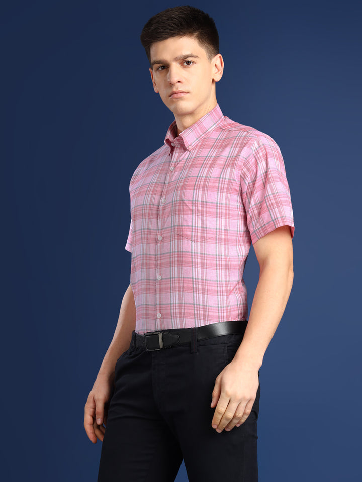 Men Pink Windowpane Checks Cotton Slim Fit Formal Shirt