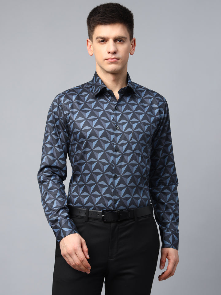 Men Blue & Black Geometric Printed Egyptian Wrinkle Free Cotton Satin Slim Fit Party Shirt