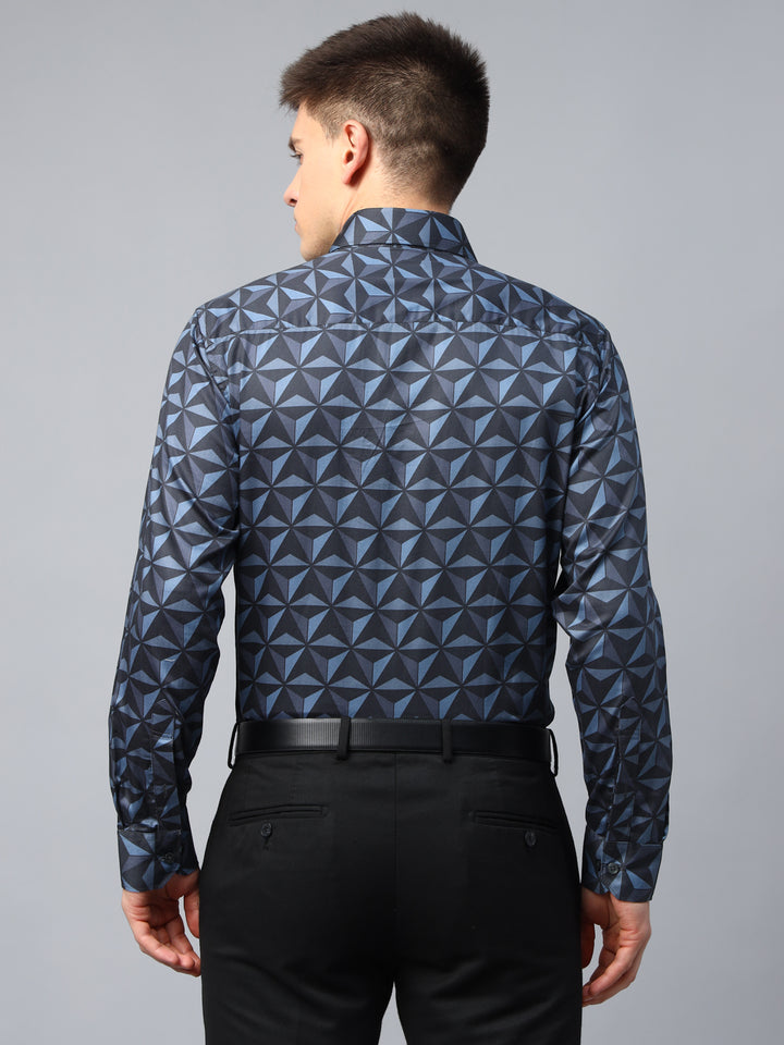 Men Blue & Black Geometric Printed Egyptian Wrinkle Free Cotton Satin Slim Fit Party Shirt