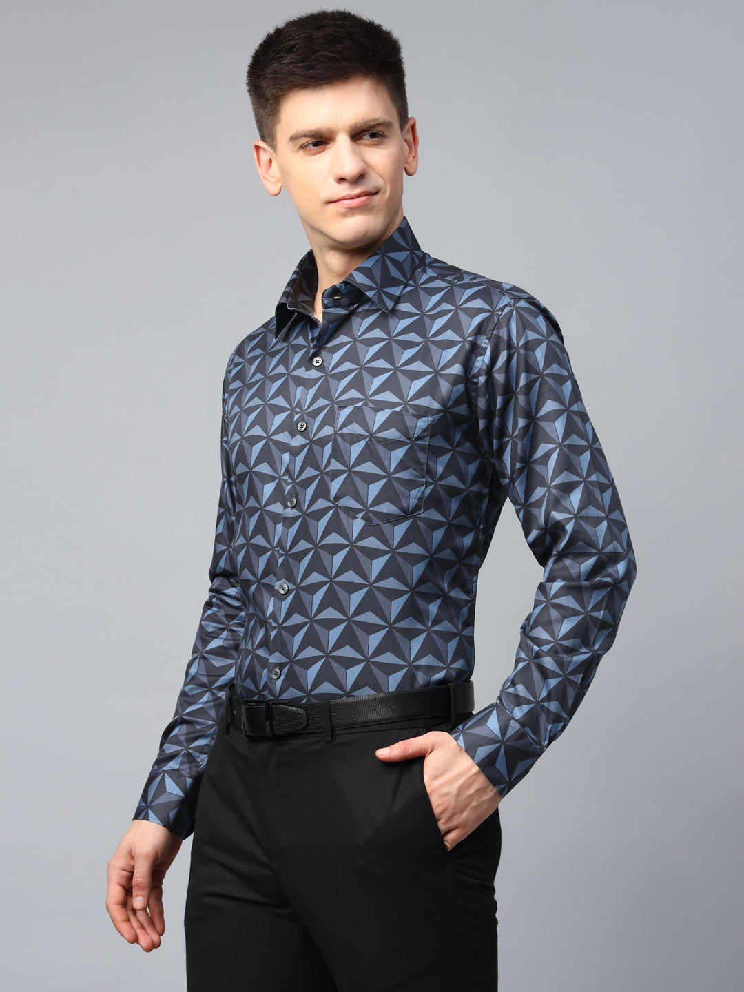 Men Blue & Black Geometric Printed Egyptian Wrinkle Free Cotton Satin Slim Fit Party Shirt