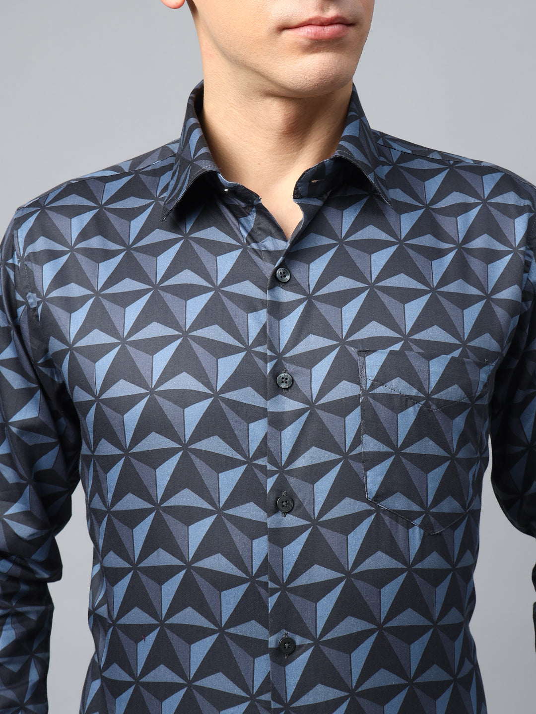 Men Blue & Black Geometric Printed Egyptian Wrinkle Free Cotton Satin Slim Fit Party Shirt