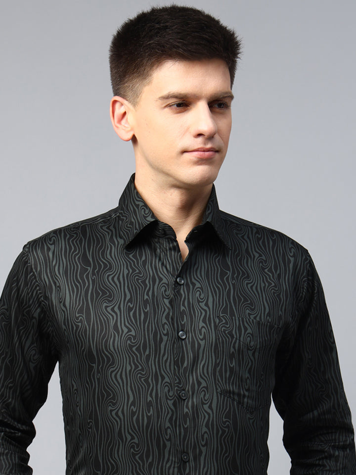 Men Green & Black Abstract Printed Egyptian Wrinkle Free Cotton Satin Slim Fit Party Shirt