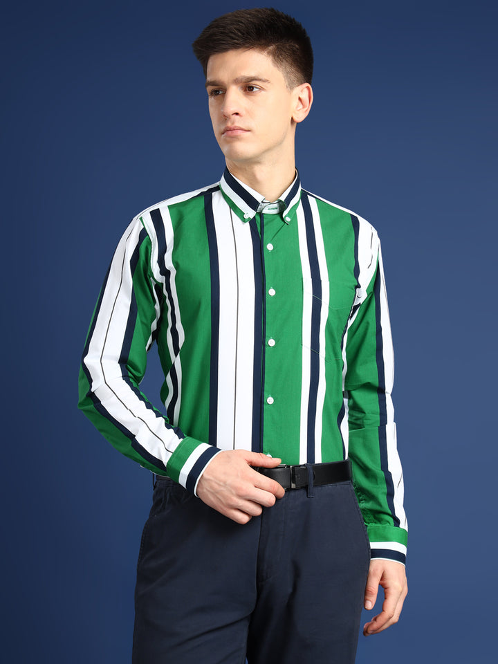 Men White & Green Striped Cotton Slim Fit Formal Shirt