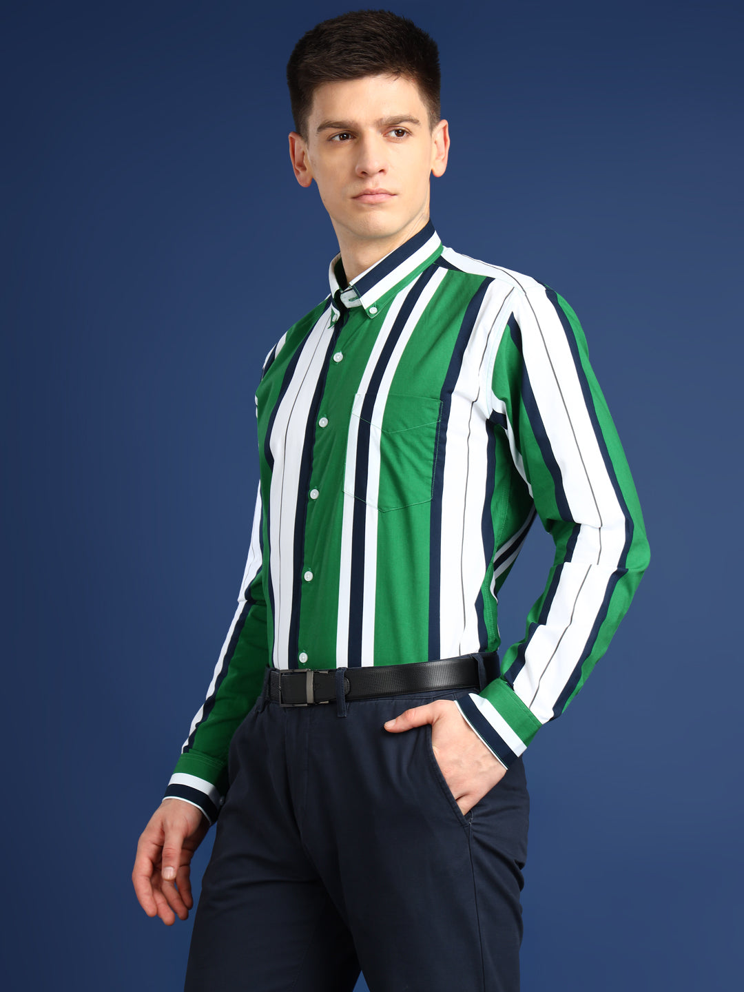 Men White & Green Striped Cotton Slim Fit Formal Shirt