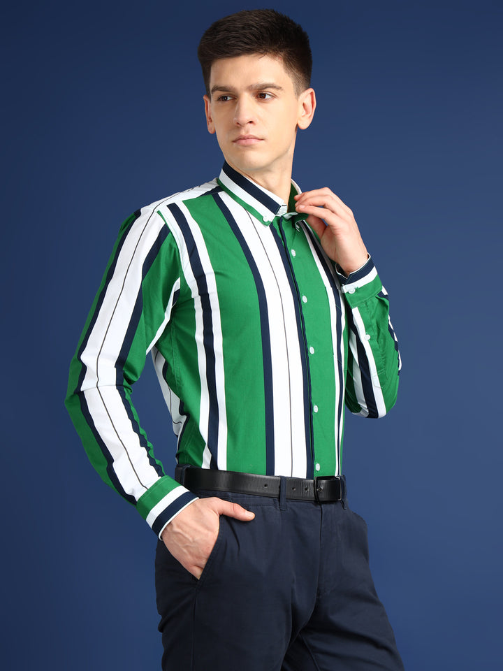 Men White & Green Striped Cotton Slim Fit Formal Shirt