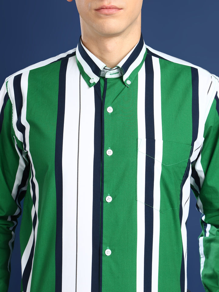 Men White & Green Striped Cotton Slim Fit Formal Shirt