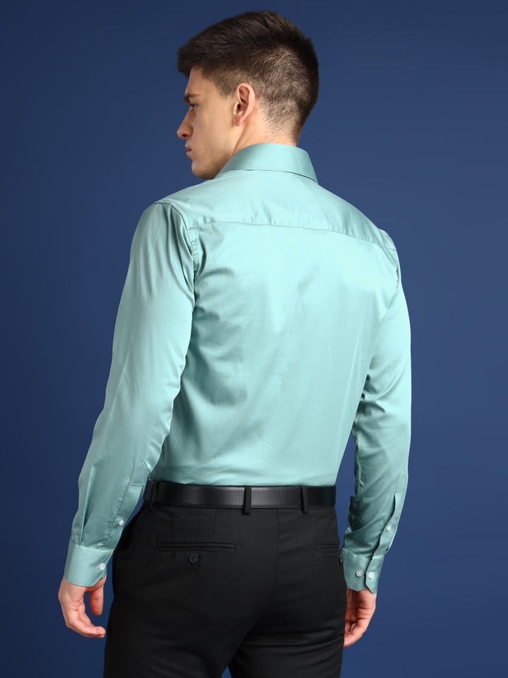 Men Jade Green Solid Cotton Satin Slim Fit Formal Shirt