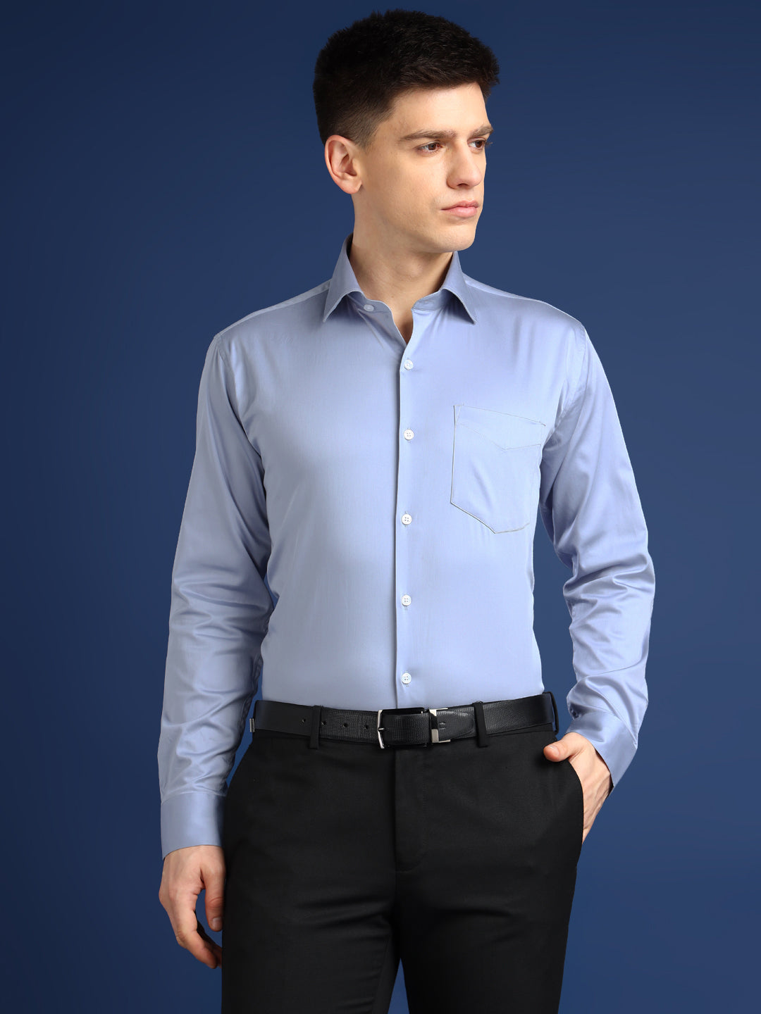 Men Sky Blue Solid Cotton Satin Slim Fit Formal Shirt