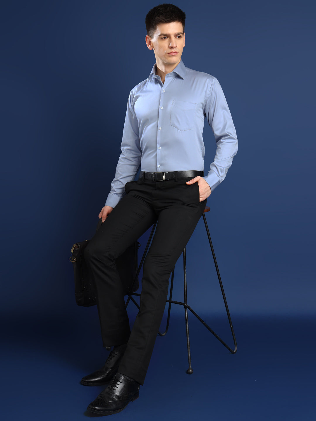 Men Sky Blue Solid Cotton Satin Slim Fit Formal Shirt