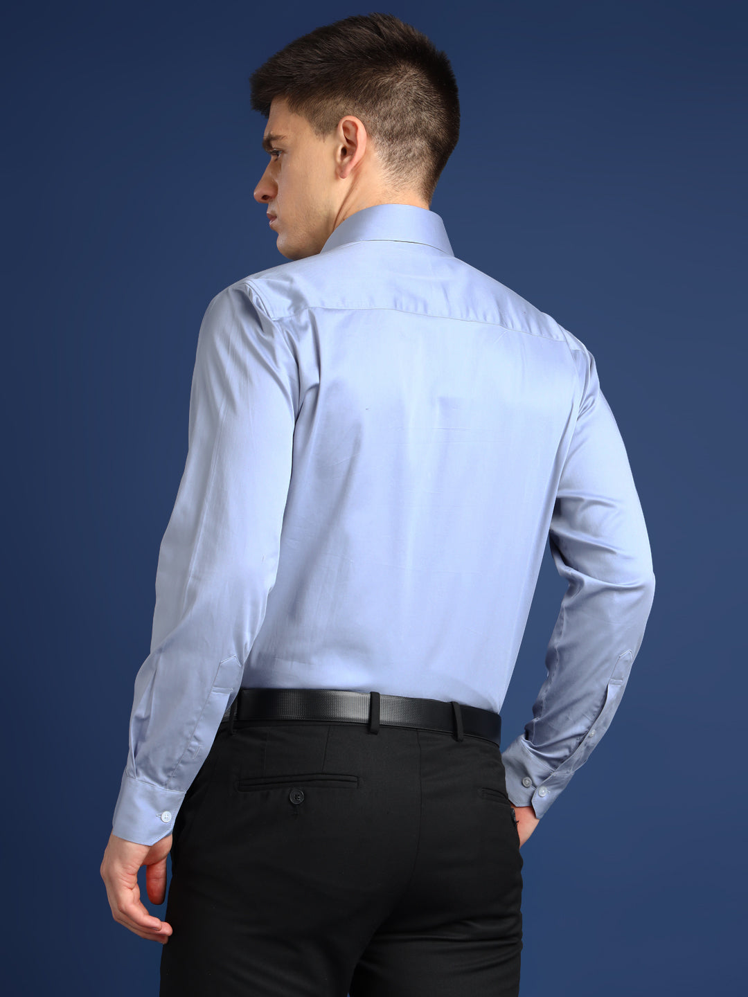 Men Sky Blue Solid Cotton Satin Slim Fit Formal Shirt