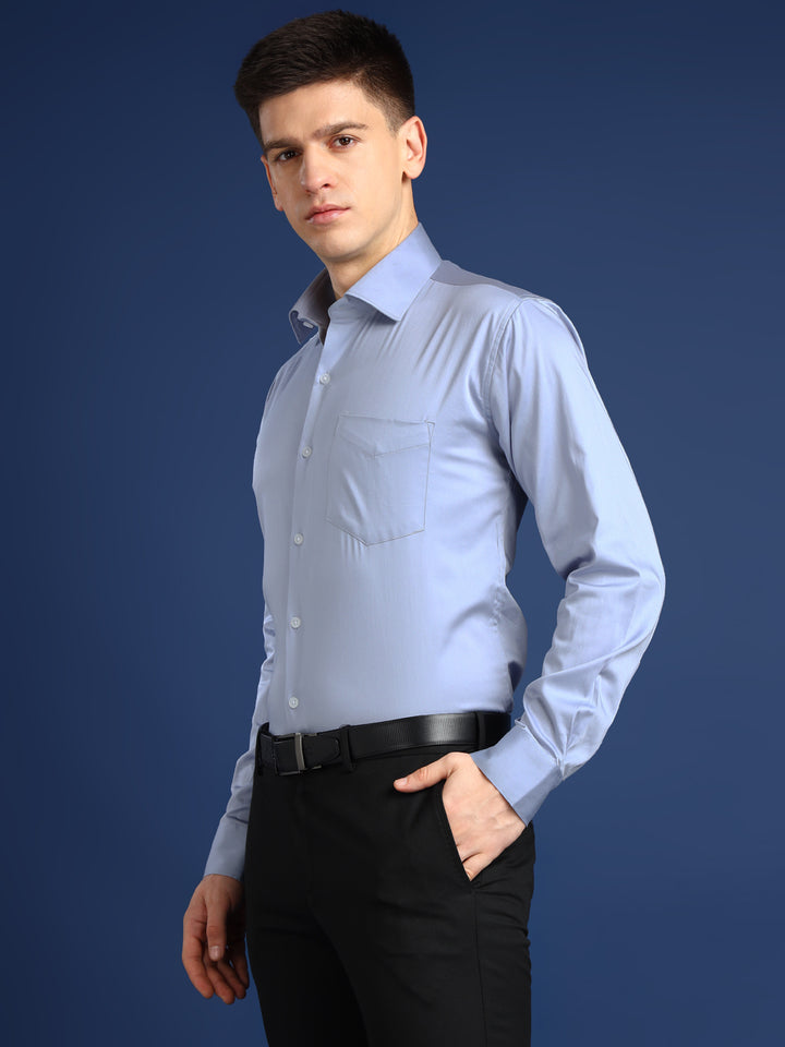 Men Sky Blue Solid Cotton Satin Slim Fit Formal Shirt