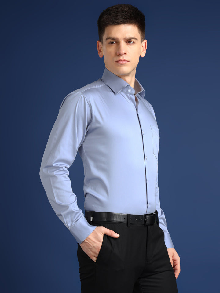 Men Sky Blue Solid Cotton Satin Slim Fit Formal Shirt