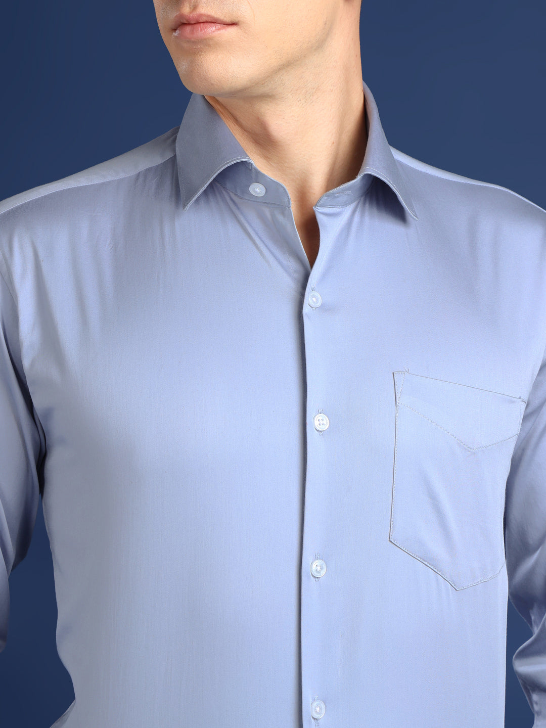 Men Sky Blue Solid Cotton Satin Slim Fit Formal Shirt